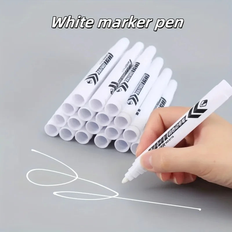 12pcs White Markers - High-Quality Smudge-Proof Oil-Based Ink, Medium Tip for Multi-Surface Writing on Plastic, Glass, Metal