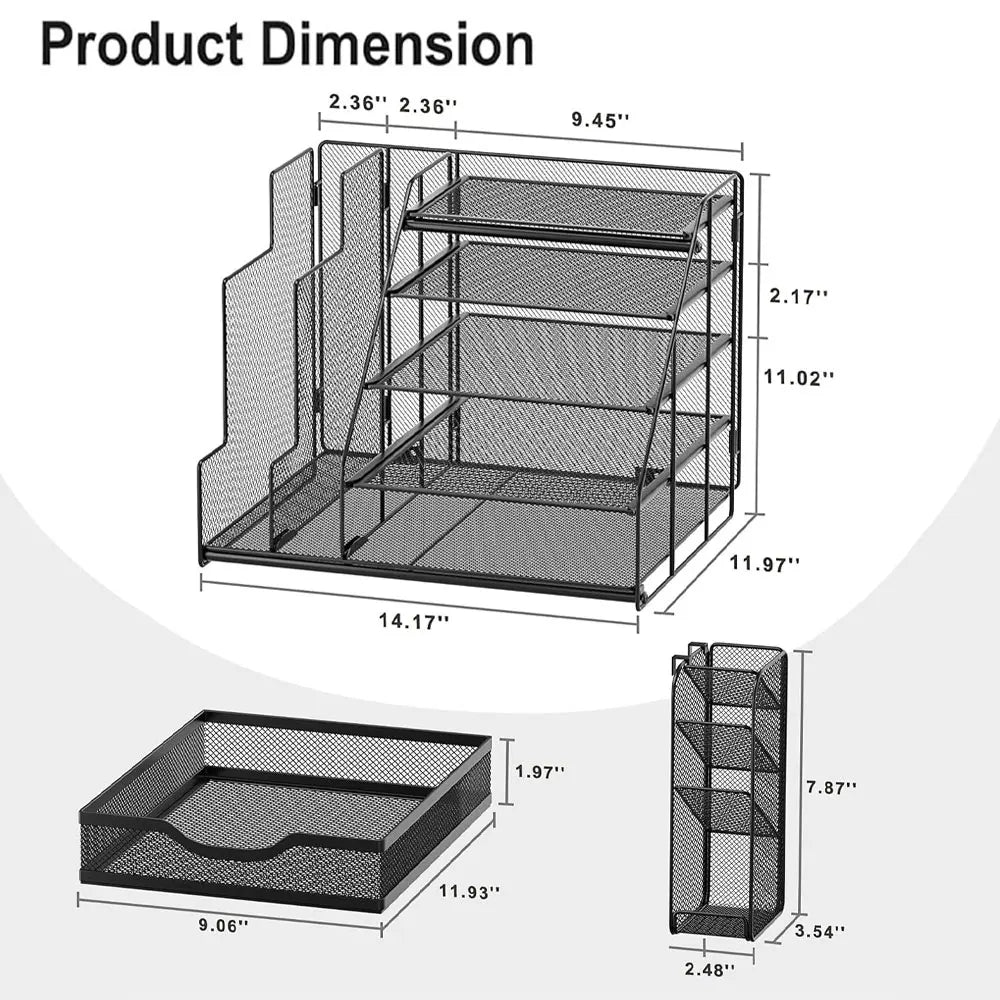 1PC Grid Desktop Organizer, 5-Layer Paper Tray with Extra Vertical File Sorter, Sliding Drawer and Pen Holder, Black Iron Mesh.