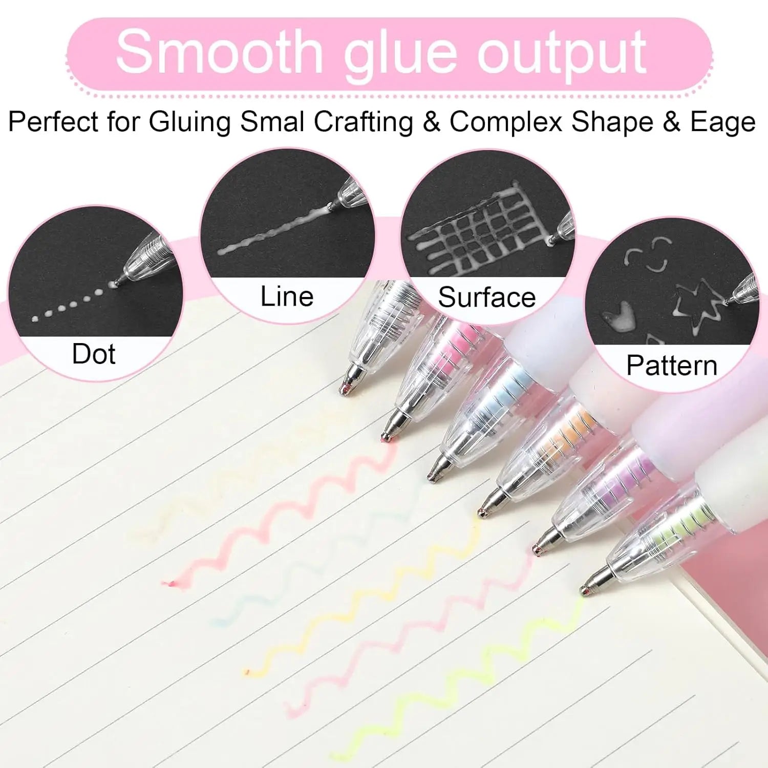 6Pcs Fine Tip Glue Pens with 6 Refills, Quick Dry Roller Glue Pens Easy Control Ballpoint Precision Glue Pens for Scrapbooking