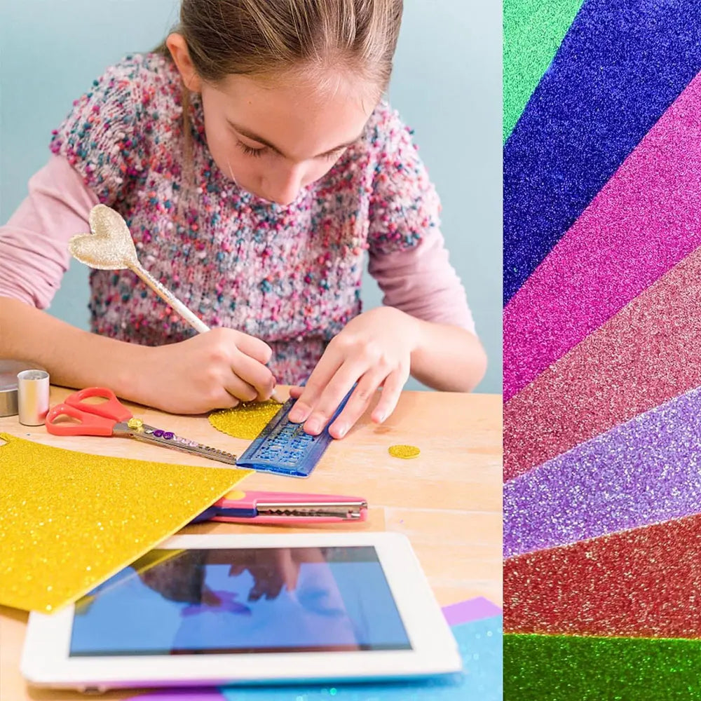 10 sheets of glitter foam paper, 8x12 inches, self-adhesive, suitable for craft projects, scrapbooking, and gift wrapping.
