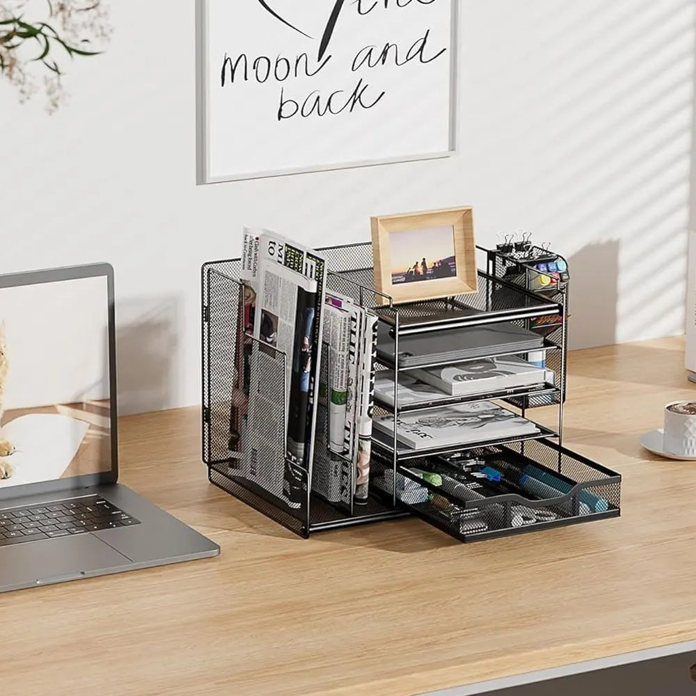 1PC Grid Desktop Organizer, 5-Layer Paper Tray with Extra Vertical File Sorter, Sliding Drawer and Pen Holder, Black Iron Mesh.