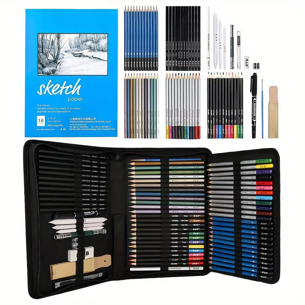 72pcs sketching and painting set, professional art supplies, comes with 1 sketchbook, suitable for artist beginners.