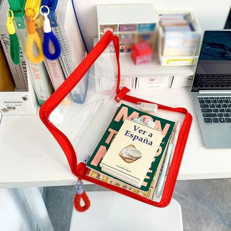 Stylish A4 Clear Zipper File Bag Transparent Document Organizer with Subject Labels for School Supplies Office Stationery Storag