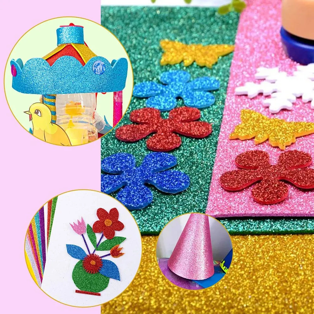 10 sheets of glitter foam paper, 8x12 inches, self-adhesive, suitable for craft projects, scrapbooking, and gift wrapping.