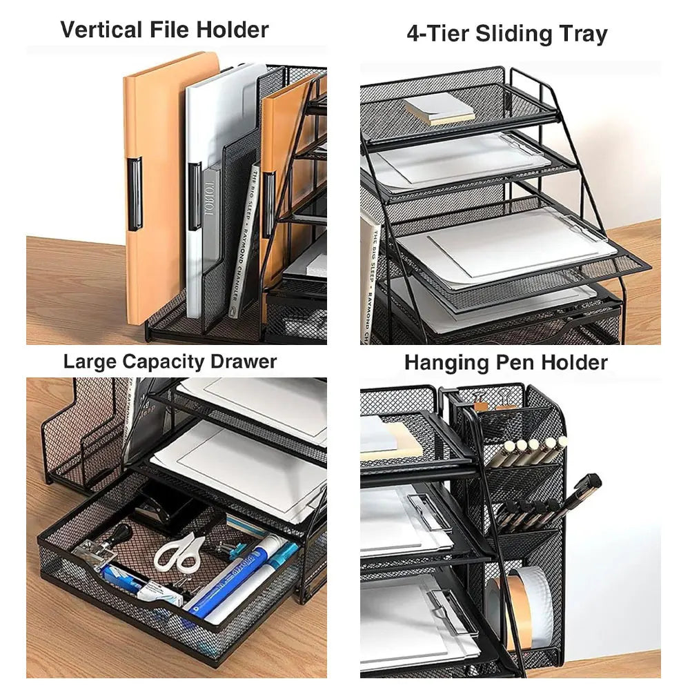1PC Grid Desktop Organizer, 5-Layer Paper Tray with Extra Vertical File Sorter, Sliding Drawer and Pen Holder, Black Iron Mesh.