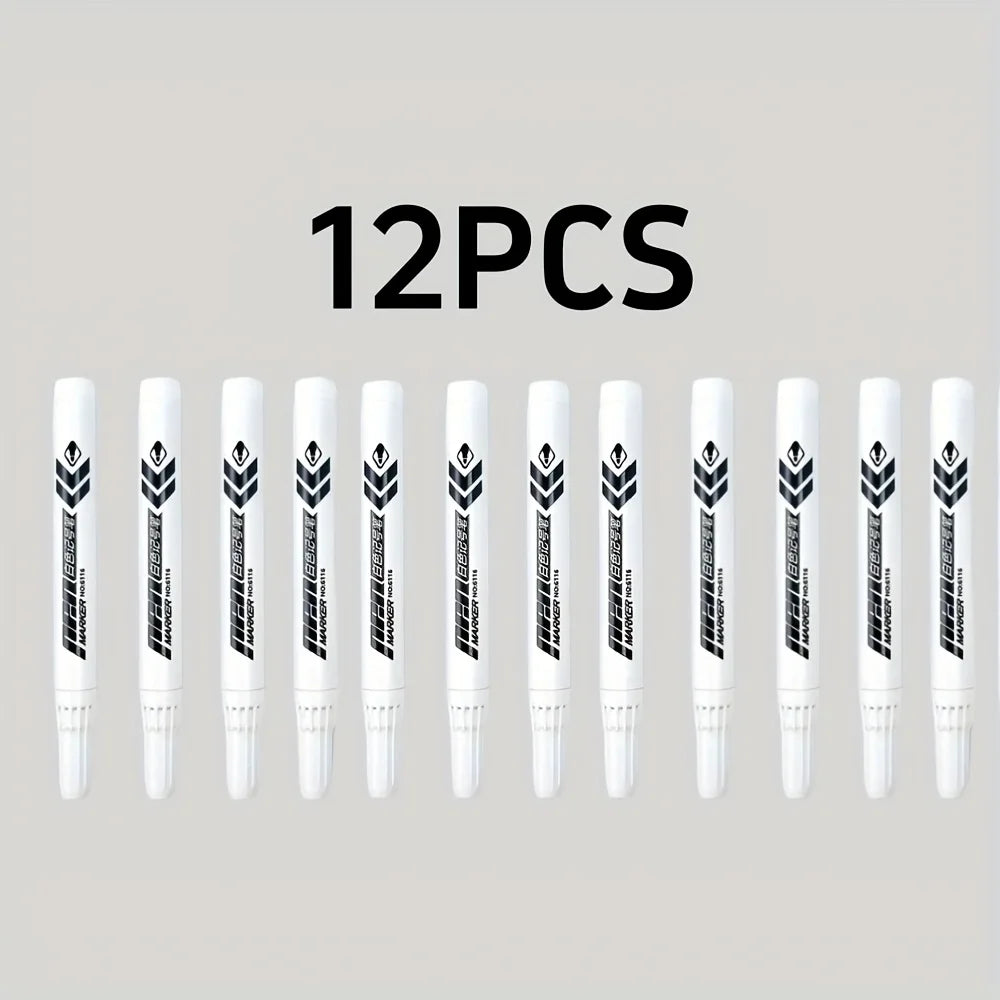 12pcs White Markers - High-Quality Smudge-Proof Oil-Based Ink, Medium Tip for Multi-Surface Writing on Plastic, Glass, Metal