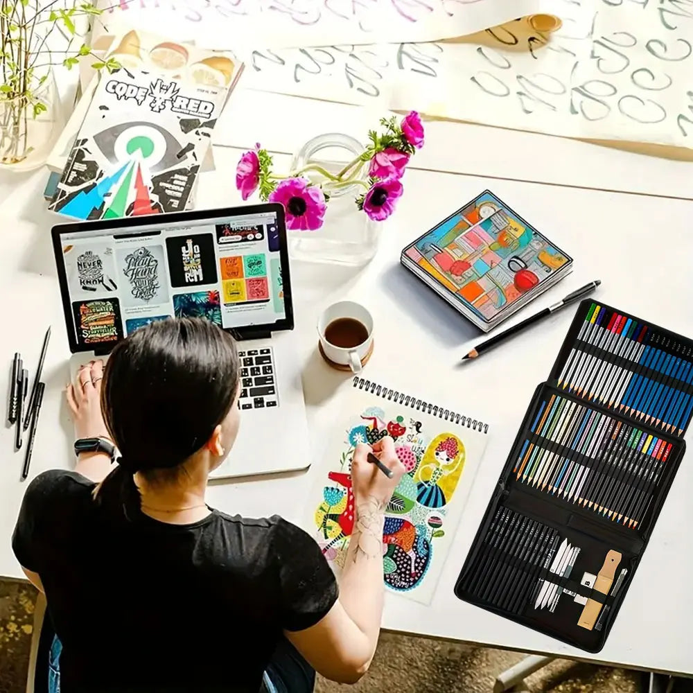 72pcs sketching and painting set, professional art supplies, comes with 1 sketchbook, suitable for artist beginners.