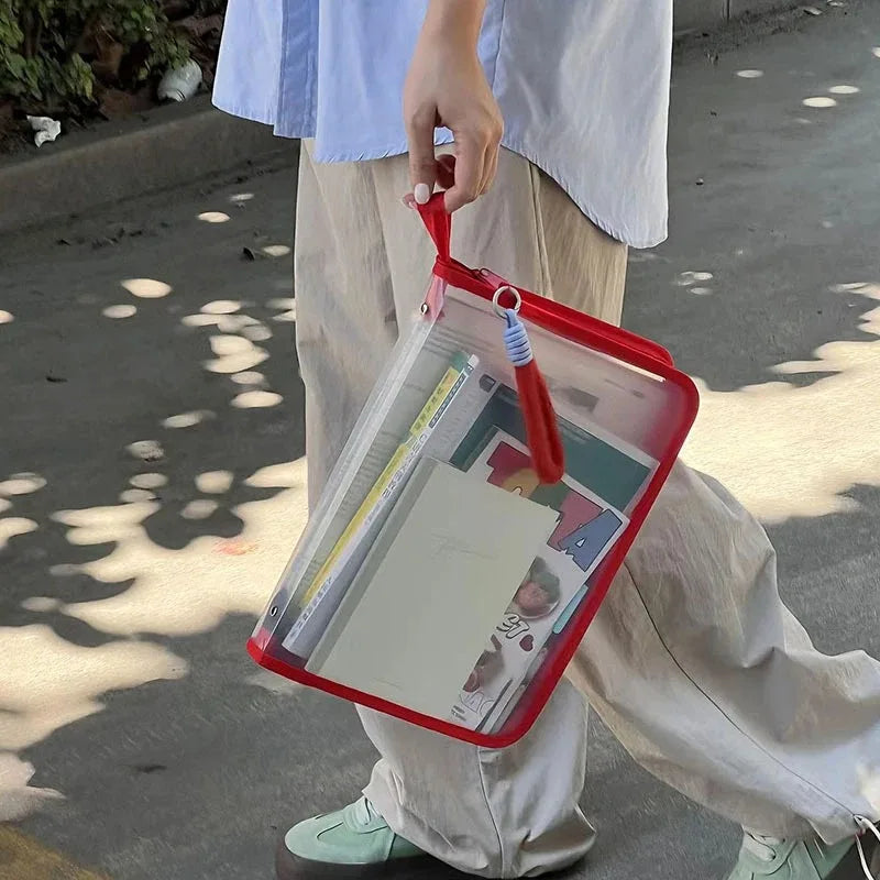 Stylish A4 Clear Zipper File Bag Transparent Document Organizer with Subject Labels for School Supplies Office Stationery Storag