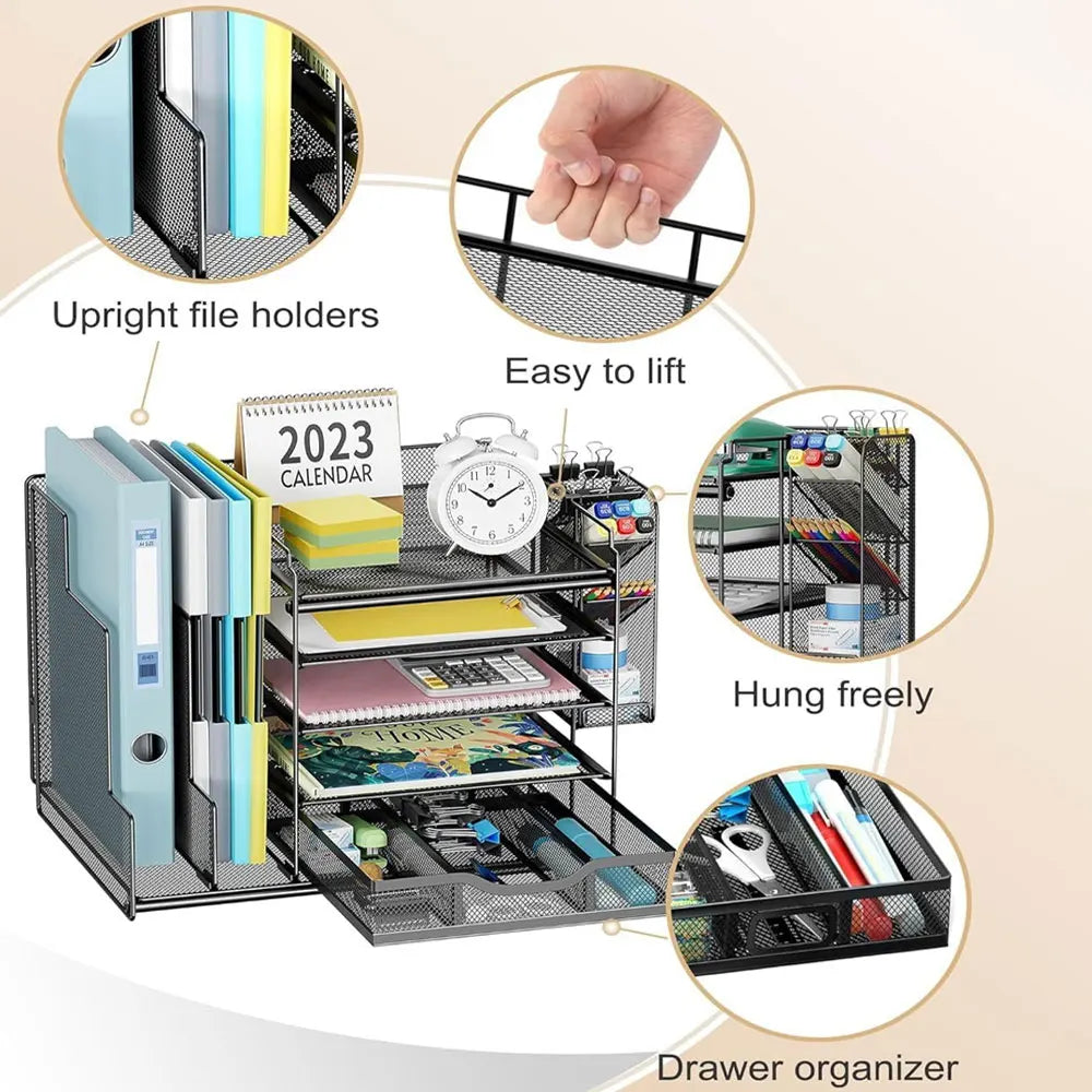 1PC Grid Desktop Organizer, 5-Layer Paper Tray with Extra Vertical File Sorter, Sliding Drawer and Pen Holder, Black Iron Mesh.