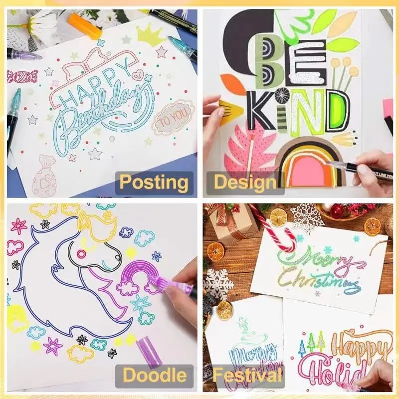 Double Line Super Squiggles Glitter & Metallic Markers,12/24/36 Colors-Self Outline Pens for Doodle Art, Greeting Cards & Crafts