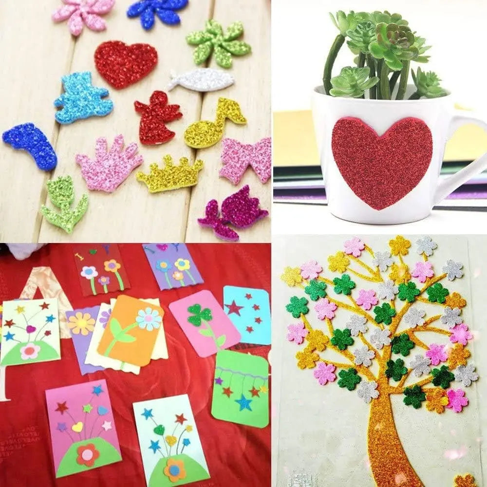 10 sheets of glitter foam paper, 8x12 inches, self-adhesive, suitable for craft projects, scrapbooking, and gift wrapping.