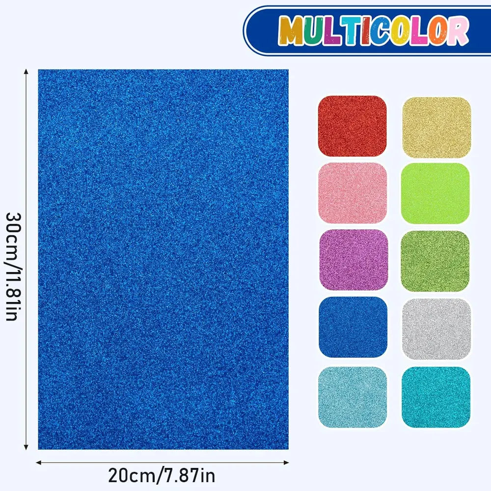 10 sheets of glitter foam paper, 8x12 inches, self-adhesive, suitable for craft projects, scrapbooking, and gift wrapping.